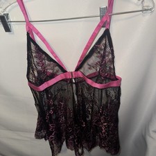Vintage Shirley of Hollywood Lingerie Pink Black Chemise Medium