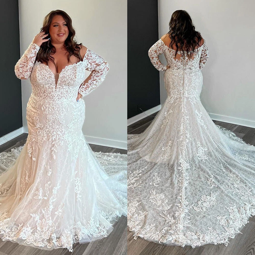 Mermaid Plus Size Wedding Dresses Long Sleeves V Neck Court