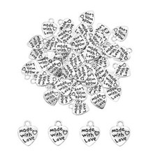 100Pcs Made with Love Charm Silver Mini Heart Shape Bead for DIY Necklace Copper