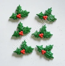 6 Glitter Holly Craft Embellishments / Christmas Holly Flat Back / Jesse James 