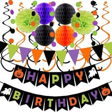 Halloween Birthday Party Decorations, Halloween Happy Birthday Banner, Hallow...