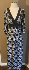 Lapis S Black & Ivory Boho Babydoll Maxi Dress W V Neck & 3/4 Flared Sleeves