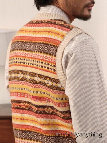 100% Wool Fair Isle Pattern Wool Vest Waistcoat Winter Men Knitted Multicolor - Picture 17 of 24