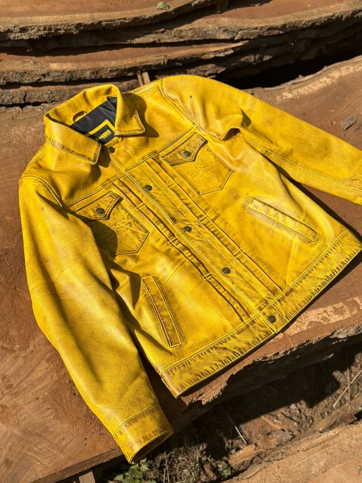 Mens Yellow Distressed Leather Trucker Jacket - Image 3 of 4