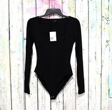 Women's Forever 21 Ribbed Long-Sleeve Bodysuit MEDIUM Black Knit Square Neckline