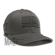 Flexfit Brushed Cap Hat Gray W/ Black American Flag Tactical Operator Military