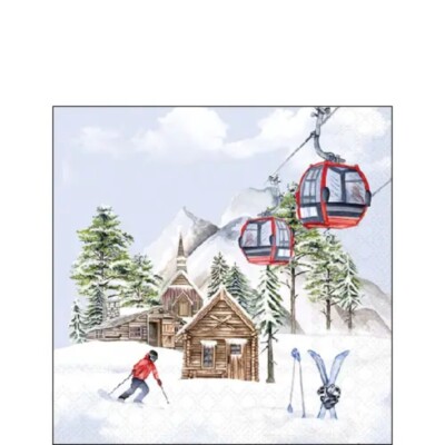 Decoupage Art Craft-Cocktail/Lunch Size- Ski Hut Winter Scene, Lodge, Holiday