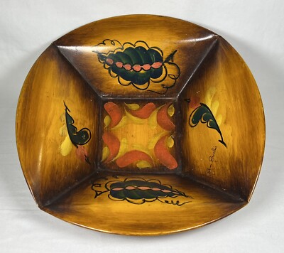 VTG Tole Ware Metal Fruit Bowl Bread Basket Hand Painted Signed Cottagecore 9.5 