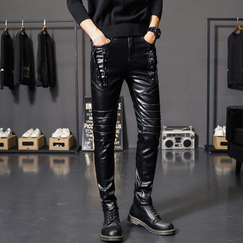 New Mens Punk Rock Faux Leather Slim Skinny Pants Biker Korean 