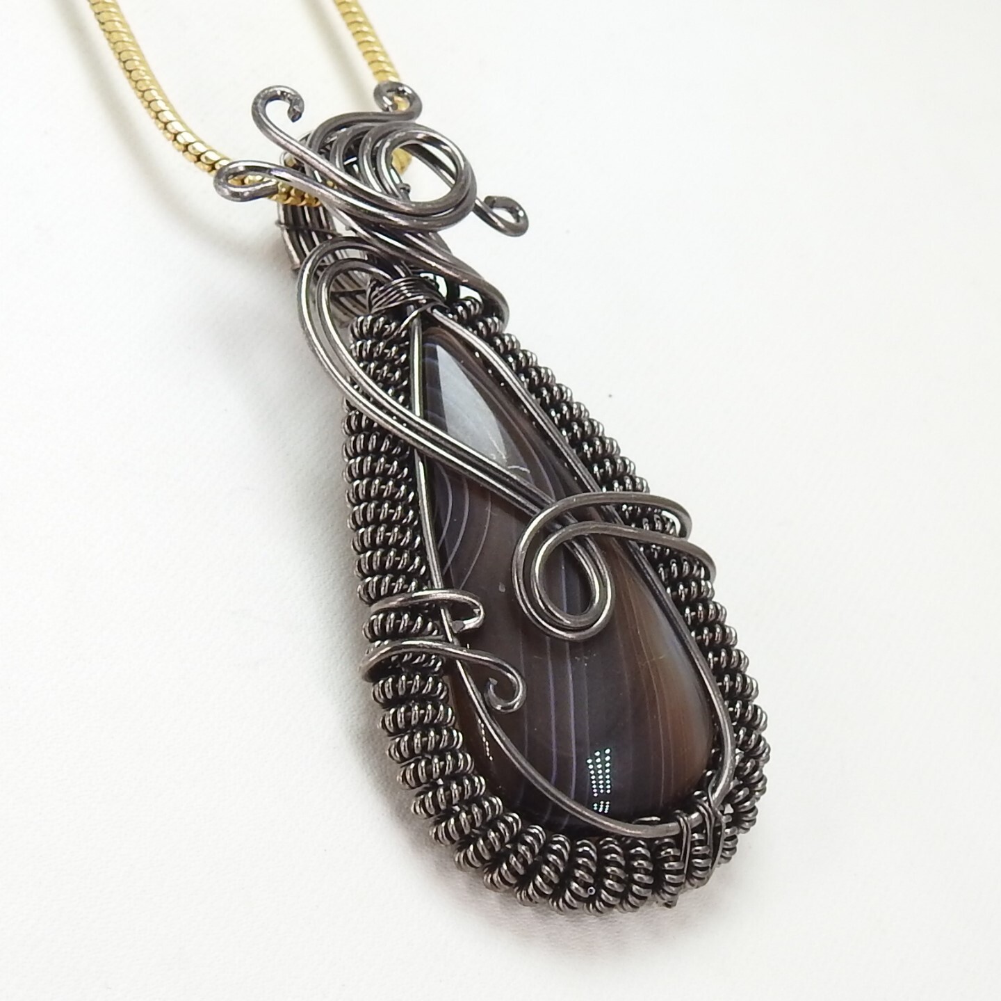 Black Strip Agate Brass Pendant Silver Oxidised Polished Wire Wrapped Jewelry