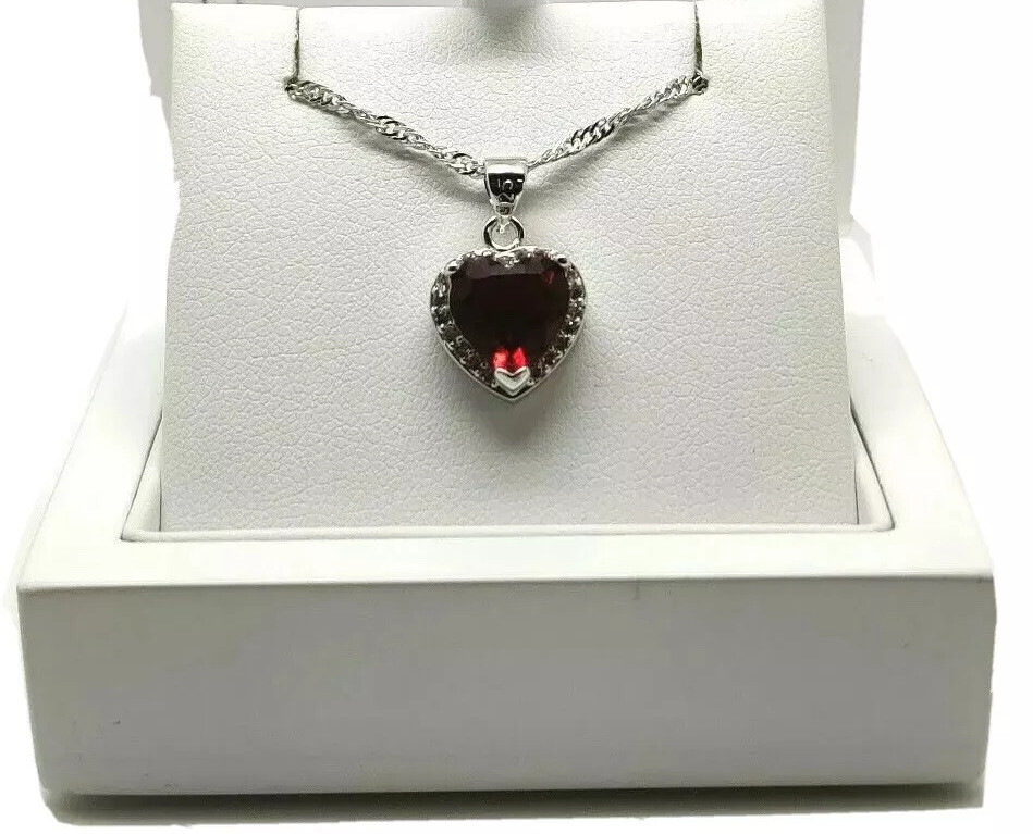 White gold finish red ruby created diamond heart cut pendant necklace gift boxed