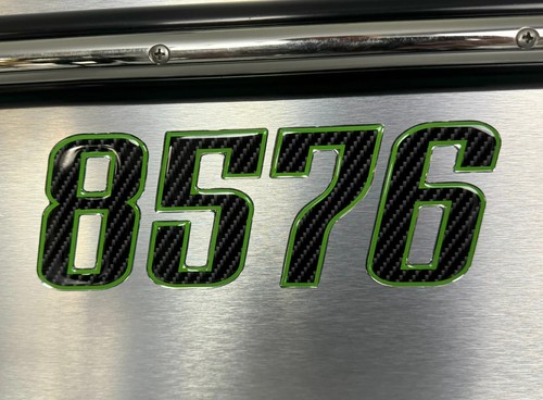 Boat Registration Stickers - Domed Carbon Fiber Numbers with Green Trim - Picture 6 of 6