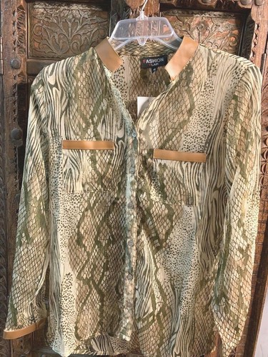 WOMEN LEATHER TRIM COLLAR snake print pocket Shirt top chiffon Blouse Sale - Bild 3 von 4