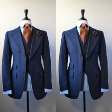 Navy Blue Men's Suits Pinstriped Formal Business Wedding Tuxedo Slim Fit 3pieces