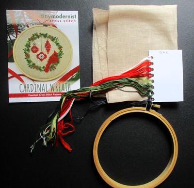 TINY MODERNIST Christmas Cardinal Cross Stitch Pattern with Linen, Floss & Hoop