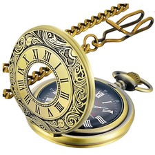 Vintage Pocket Watch 4.6cm Case Roman Numerals Quartz with 37.5cm Chain - Gift