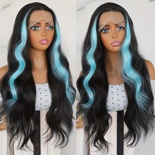 Ombre Blue Black Mixed Color Synthetic Lace Front Wigs Body Wave Women Party Wig