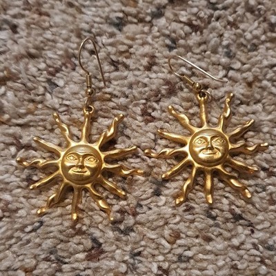 Handcrafted Sun Face Dangle Earrings Brass Gold Tone Celestial