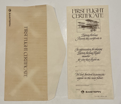 Vintage Eastern Airlines First Flight Certificate w/Envelope Never Used