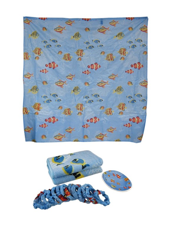 Zeckos Coordinating Bath Rug, Soap Dish, Shower Curtain Set (Fish)
