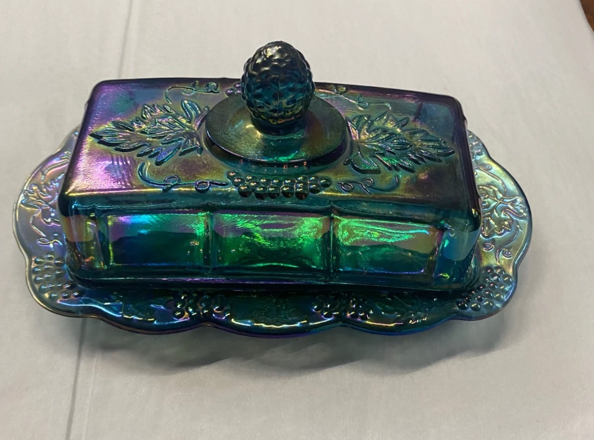 Indiana Harvest Grape Butter Dish Carnival Glass Iridescent Blue