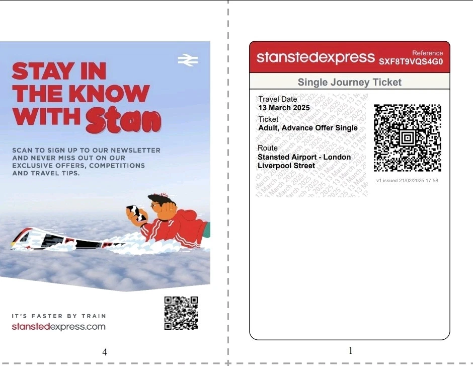 Stansted Express Ticket 13.  March 2025