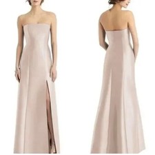 NWT Alfred Sung Sz 10 Strapless Satin Trumpet Gown with Front Slit in Cameo