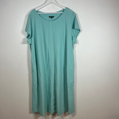 #ad For Cynthia Midi Shift Dress Size 3X Aqua Blue Linen Blend Pockets Lagenlook $39.00