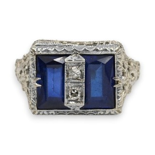 ANTIQUE ART DECO TOI ET MOI SAPPHIRE DIAMOND COCKTAIL RING 14K WHITE GOLD