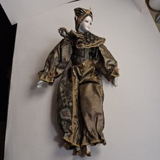 Porcelain Pierrot Clown Doll Metallic Gold Bronze Brocade Harlequin Mime