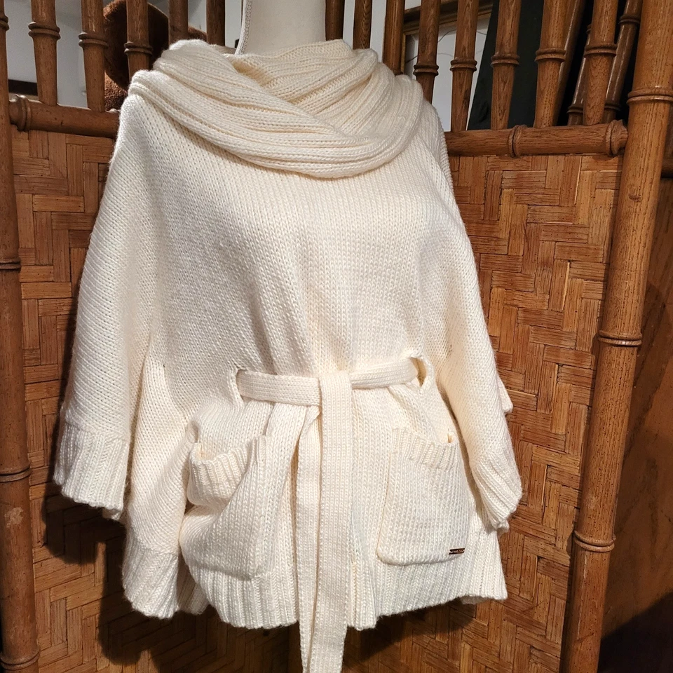 Michael Kors Mujeres Crema Capucha Cuello Cinturón Tejido Capa Poncho Chaqueta Suéter Talla S/M Foto 3 de 4