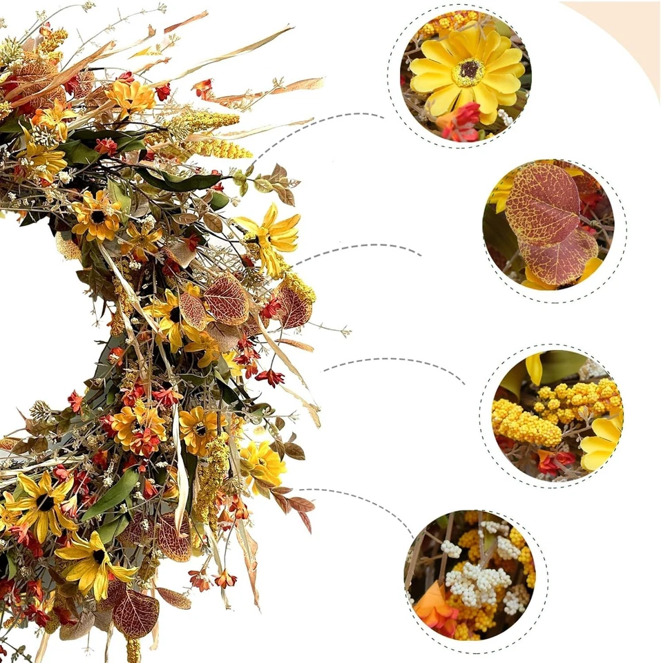 Exuberante guirnalda amarilla de margaritas y flores silvestres de 24 pulgadas para puertas delanteras y traseras Foto 4 de 4