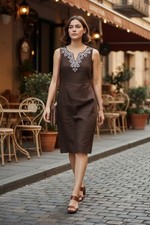Talbots 8 Brown Embroidered Sheath Dress Sleeveless Linen