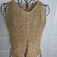 Crochet Gold Beaded Tank Top XS/S Pearl Embellished Boho Festival Y2K