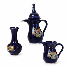 Vintage Cobalt Blue Porcelain Mini Tea Set Vase Pitchers Floral Gold Decor Japan