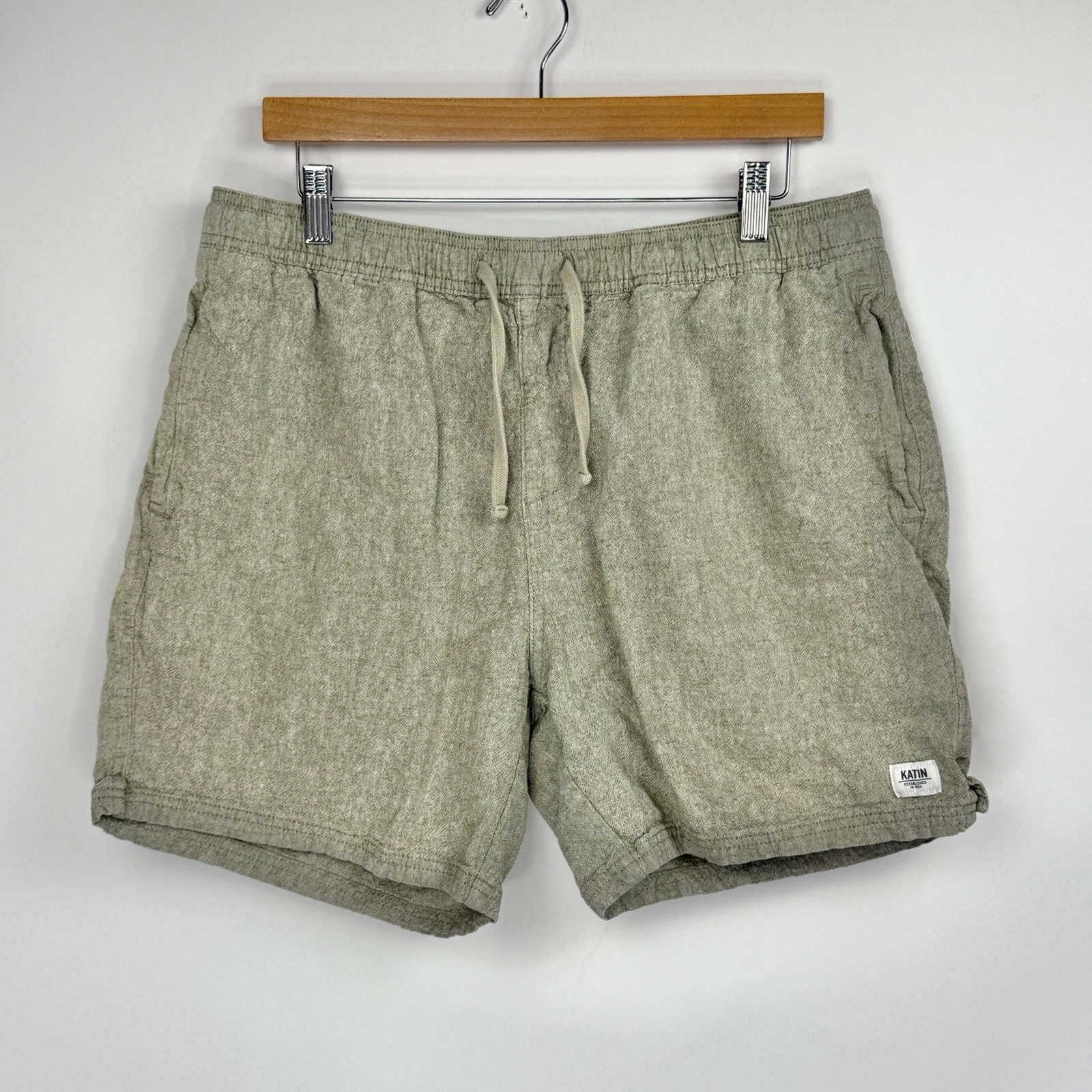 Katin Shorts Mens XL Green Linen Cotton Blend Knit Drawstring Preppy Logo