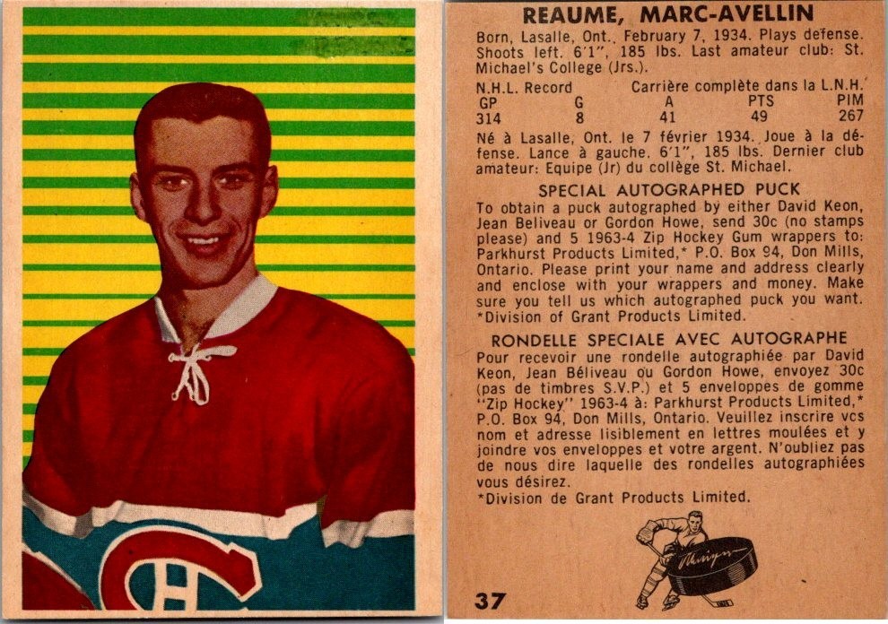 Marc Reaume #37 Hockey Cards 1963 Parkhurst trading card — raw and PSA graded price guide