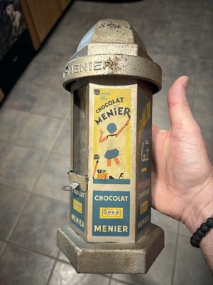 ANTIQUE CHOCOLATE CANDY DISPENSER VENDING BANK CHOCOLAT MENIER TIN