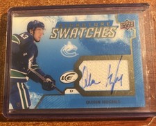 2021-22 UD Ice Hockey Quinn Hughes Signature Swatches Autograph Relic Card