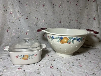 Rare Vintage Corelle Abundance Colander and Corningware Fruit Casserole Dish Lot