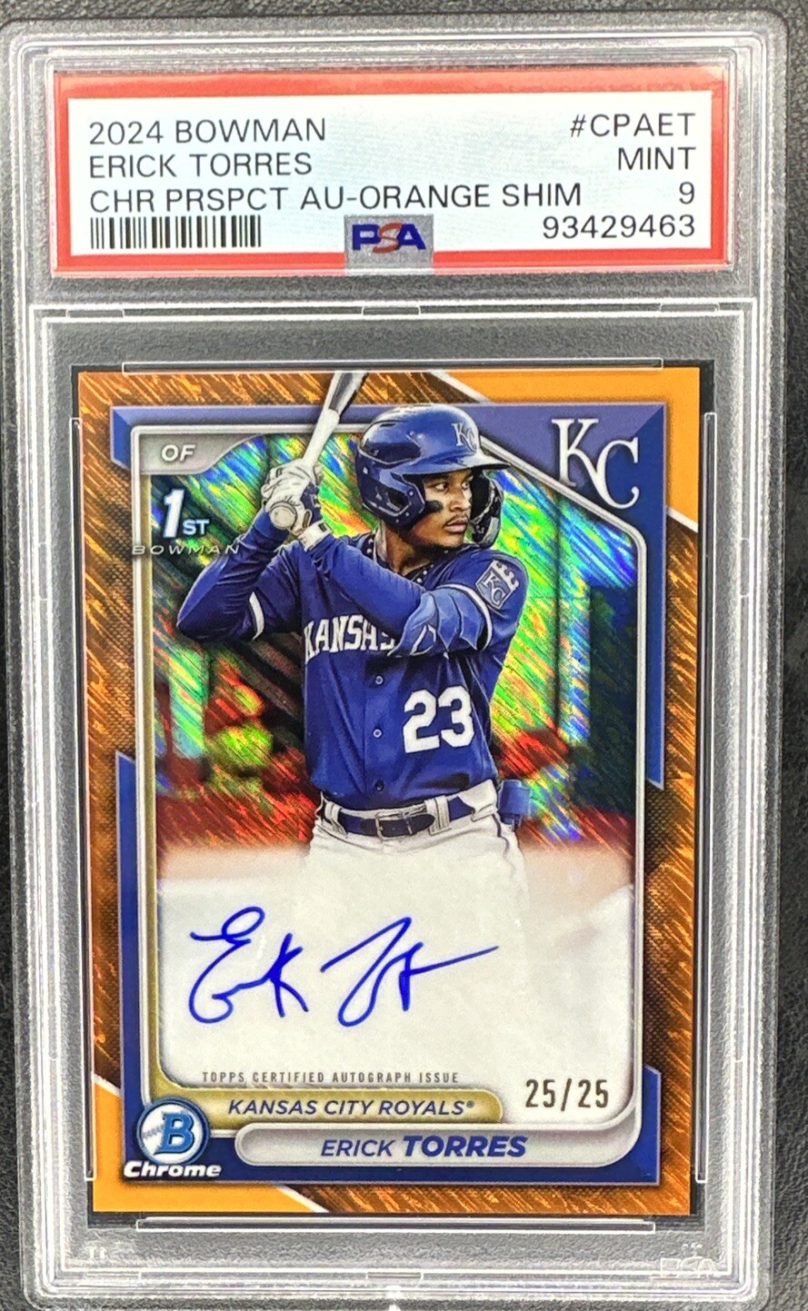 2024 Bowman Erick Torres CHROME 1ST ROOKIE AUTO Orange Shimmer REFRACTOR #/25