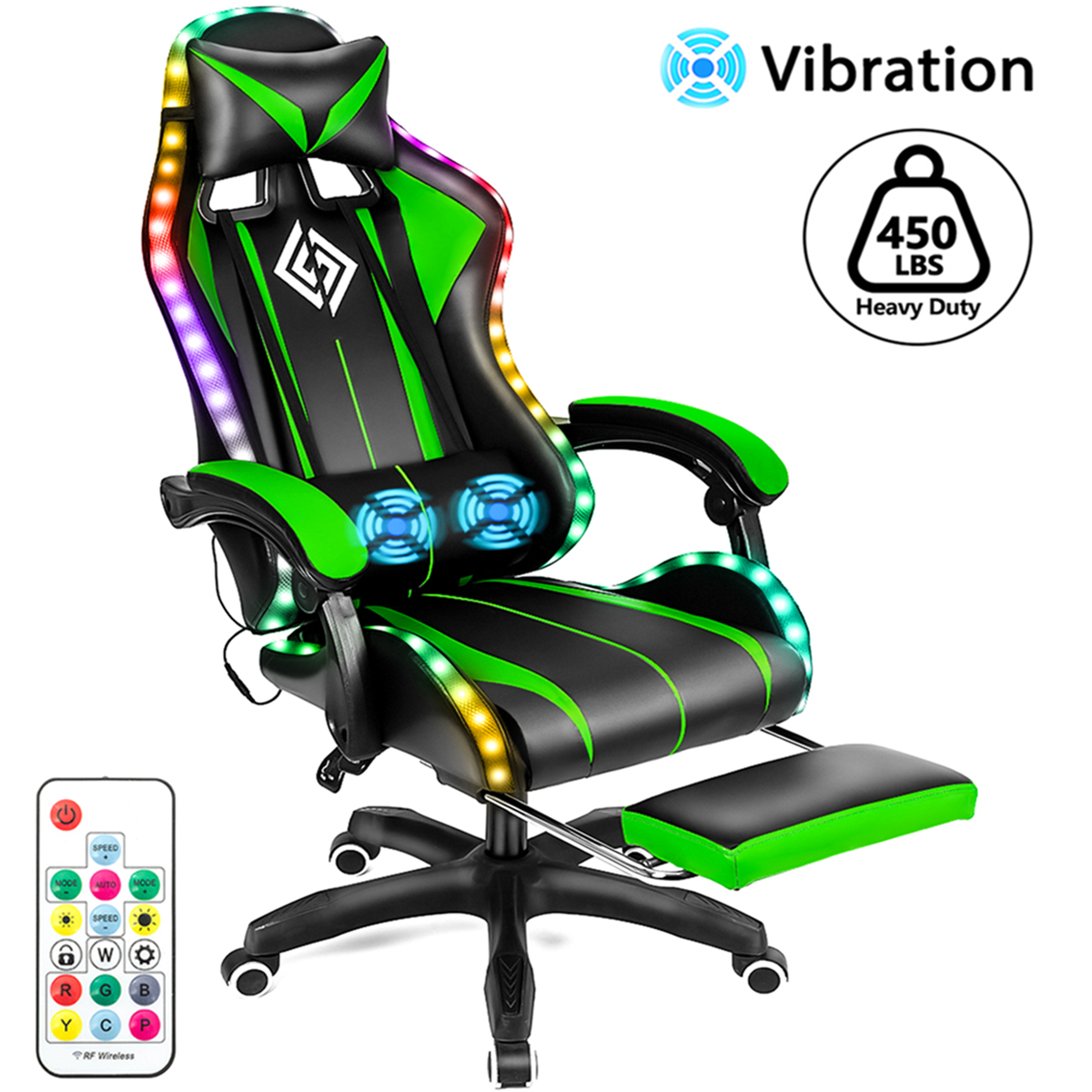 Massage Gaming Chair Racing with RGB LED Footrest Chair Desk Ergonomic Green US-image