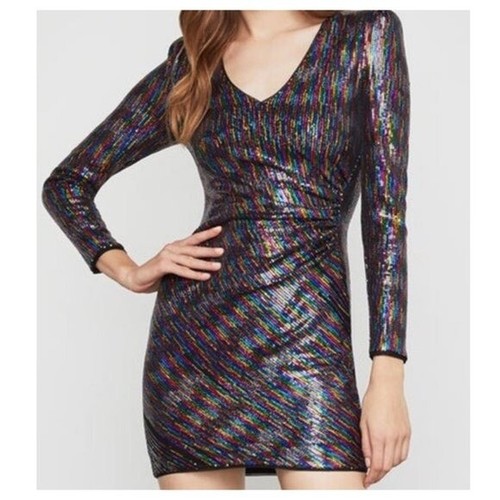 Long Sleeve Rainbow Sequin Dress V-Neck 