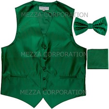 New Men's Tuxedo Vest Vertical Stripes Bowtie Hankie set party Emerald Green