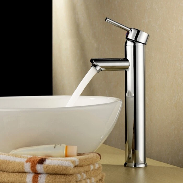 Round Chrome Bathroom Basin Tap Sink Hot Cold Mixer Tall Vanity Counter Faucet