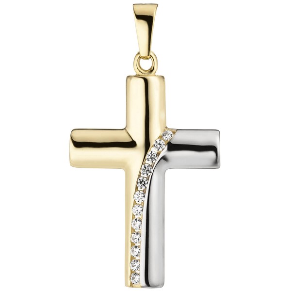 AnhäNger Kreuz Kreuzchen Mit WeißEn Zirkonia, 333 Gold Gelbgold, Teilrhodiniert-image