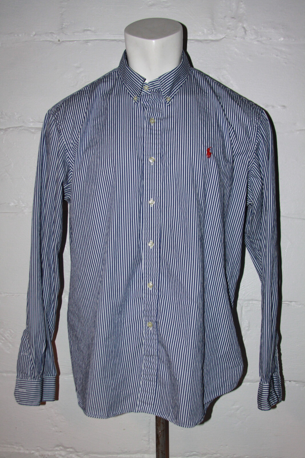 PONY Polo Ralph Lauren blu a righe rosse con bottoni a cavallo davanti camicia casual usata in ottime condizioni taglia XXL