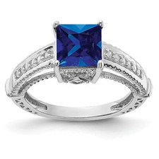 Silver Lab Created Blue Sapphire and CZ Ring QR6350