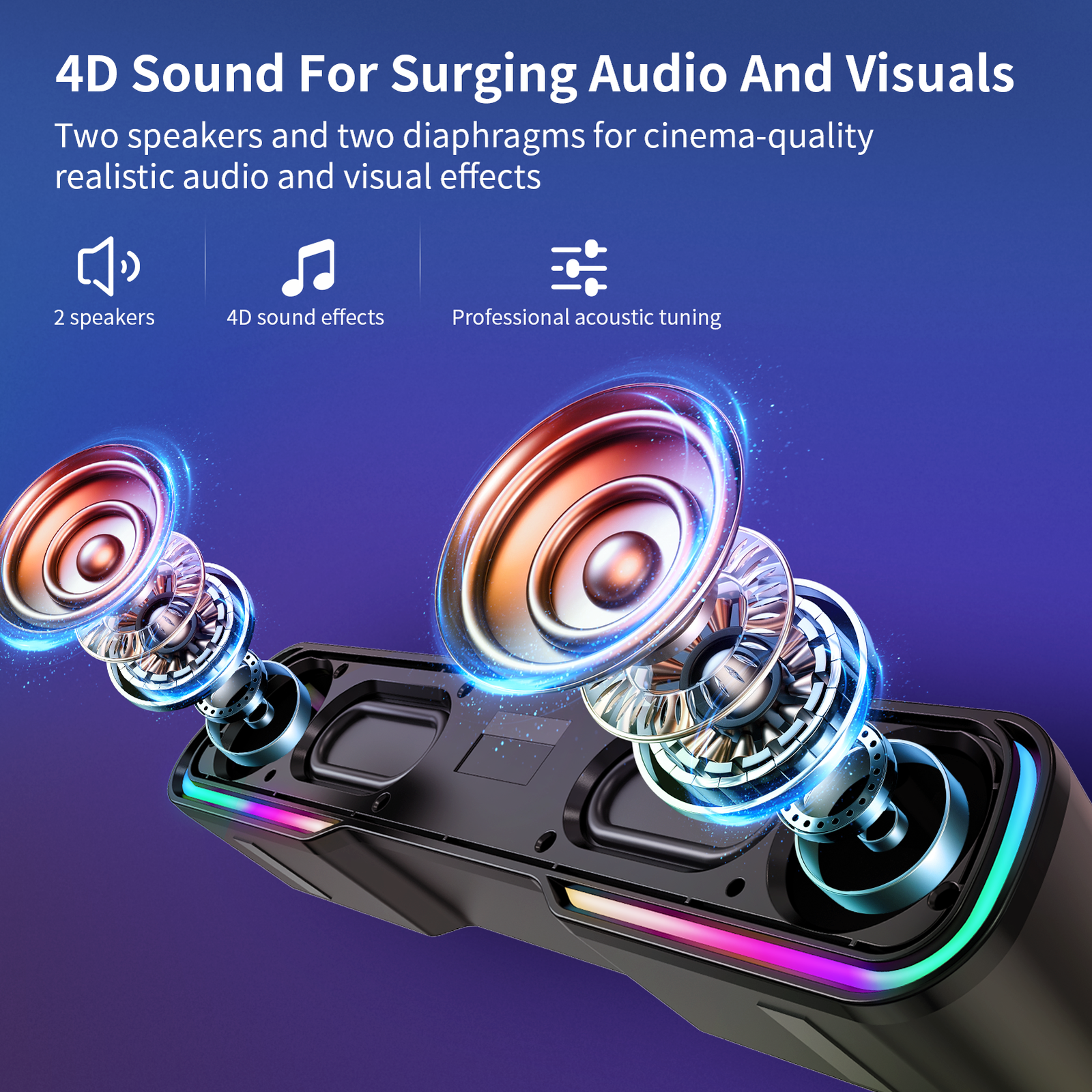 Wireless Bluetooth 5.0 TV PC Sound Bar Home Theater RGB 4D Dual Speaker ...