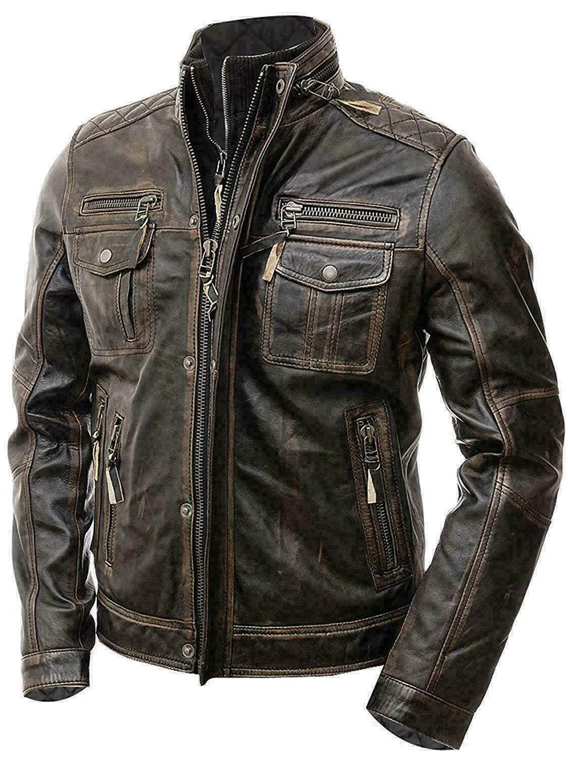 Mens Distressed Motorcycle Retro Genuine Vintage Cafe Racer Real Leather Jacket